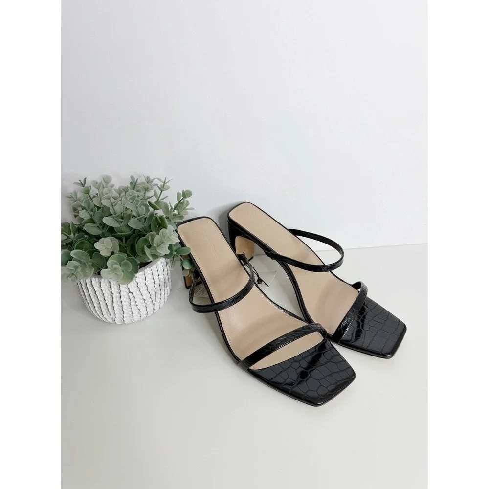 NWT The Drop Avery Square‎ Toe Two Strap Heeled Sandal Black Size 12 Workwear